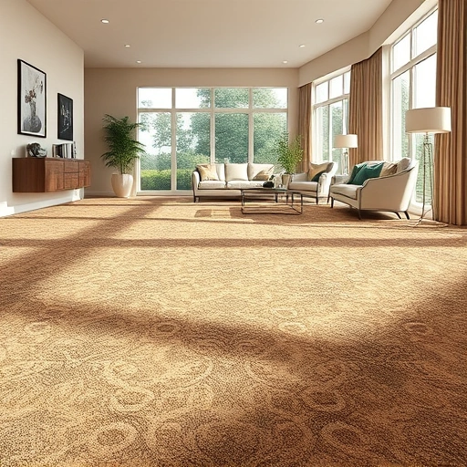 Spacious room with plush patterned carpet, large windows, and neutral walls creating a warm inviting atmosphere.