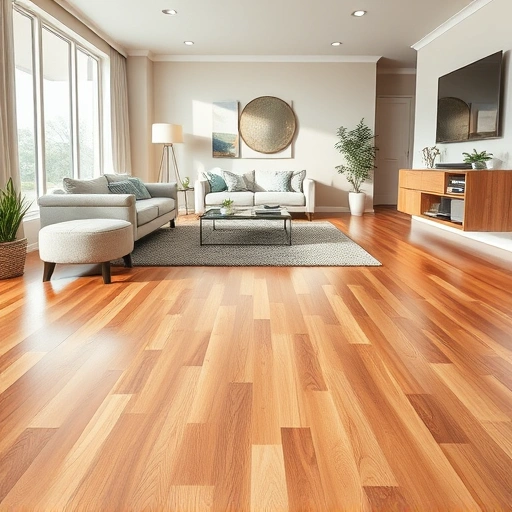 Completed hardwood flooring installation in modern Troy MI living room with warm tones and elegant decor.