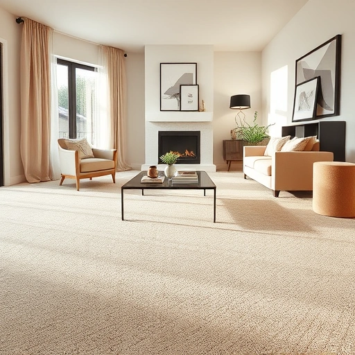 Spacious living room with beige carpet, large windows, stylish coffee table, and cozy fireplace in Lyon Township MI.