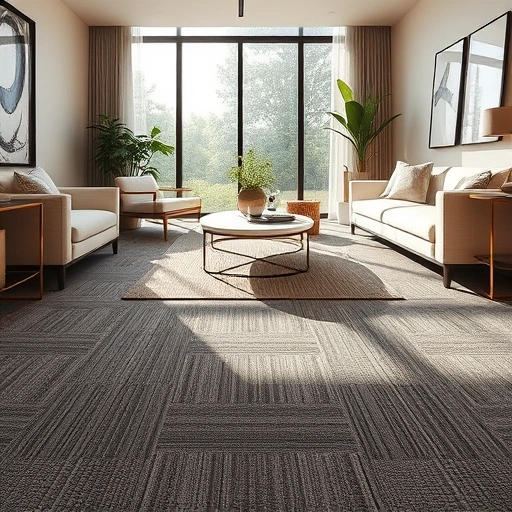 Modern living room with rich carpet flooring, stylish furniture, and natural light creating an inviting atmosphere.