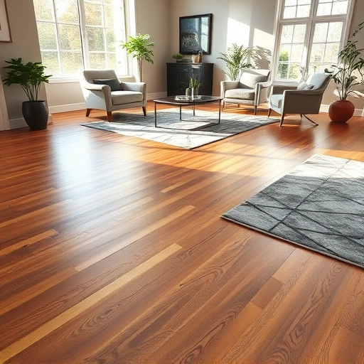 Completed hardwood flooring installation in Whitmore Lake MI with elegant rugs and stylish furnishings in a warm atmosphere.