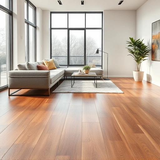 Luxury vinyl plank flooring in a modern living room with warm wood tones, sleek furniture, and natural light.