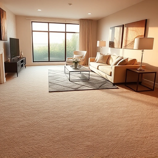 Spacious living room in Troy MI with plush beige carpet, modern furniture, and warm natural light enhancing elegance.