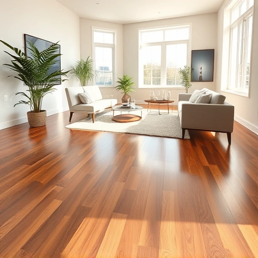 Spacious interior with polished hardwood flooring, neutral walls, sunlight, minimalist furniture, and indoor plants.