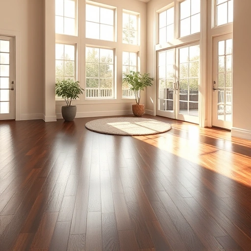 Spacious room with polished dark hardwood flooring, natural light, neutral walls, cozy rug, and potted plants.