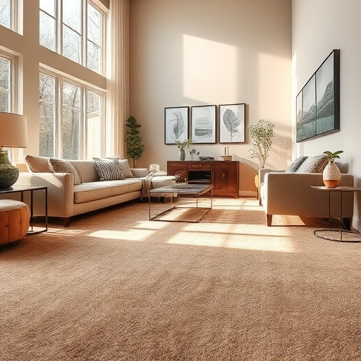 Spacious living room in Walled Lake, MI with plush earth-tone carpet, elegant furniture, and natural light.