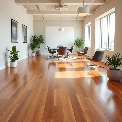 Spacious Ann Arbor office with polished hardwood flooring, modern furniture, and soft lighting for a professional atmosphere.