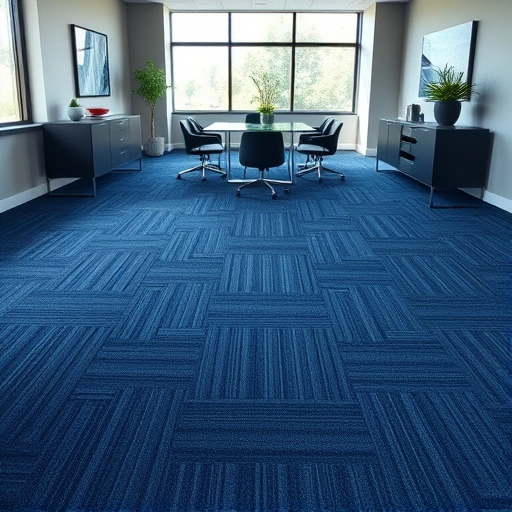 Modern office in Milan MI with navy blue geometric carpet, sleek furniture, natural light, and minimalist decor.