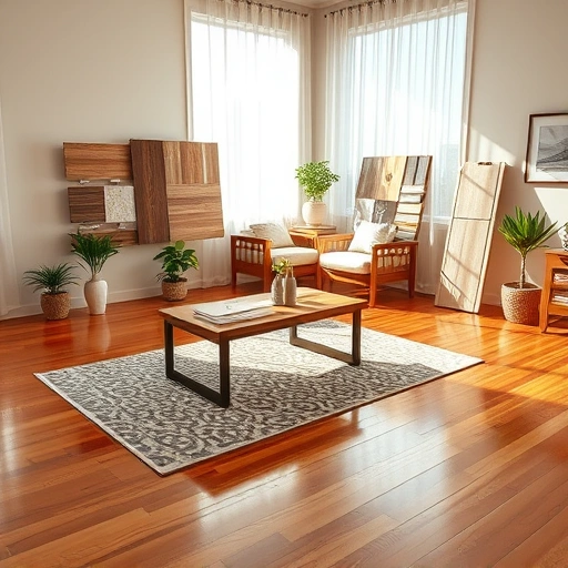 Bright living room in Ann Arbor, MI with polished hardwood floor and organized flooring samples on a wooden table.