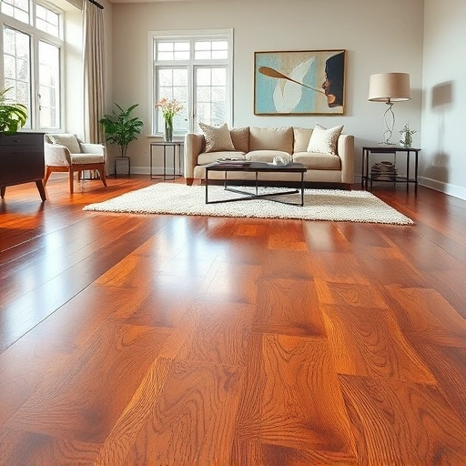 Elegant hardwood flooring in a spacious living room in Rochester Hills, MI, showcasing rich grain patterns and decor.
