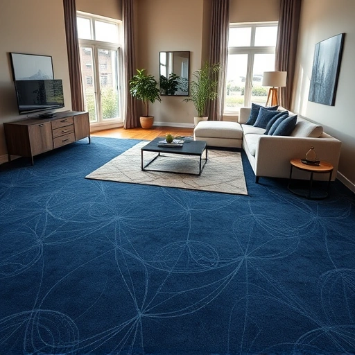Spacious living room in Royal Oak, MI features navy blue carpet, minimalist furniture, and natural light enhancing the decor.