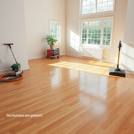 Spacious, well-lit room with gleaming hardwood floors after carpet removal in Ann Arbor, tools neatly arranged.