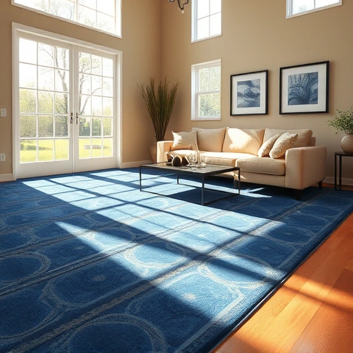 Spacious living room in Milford, MI with deep blue carpet, neutral sofa, and sunlight enhancing elegant decor.