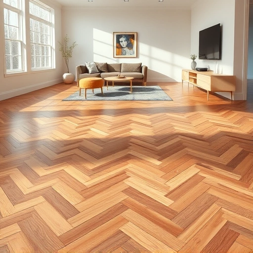 Completed oak hardwood flooring installation in Ypsilanti MI, featuring herringbone pattern and natural light ambiance.