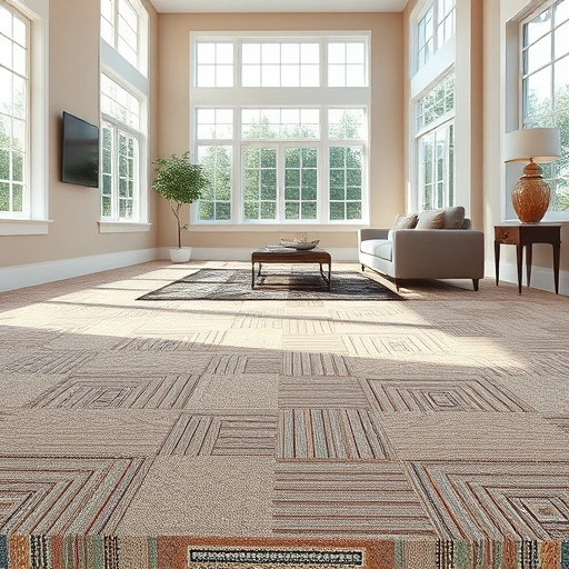 Carpet flooring installation in a well-lit room with natural light, showcasing rich textures and elegant furnishings.