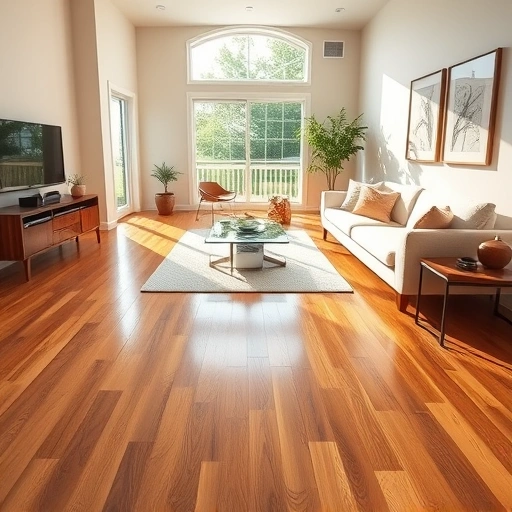 Spacious living room in Hamburg Township MI with polished hardwood floors, modern furniture, and elegant decor.
