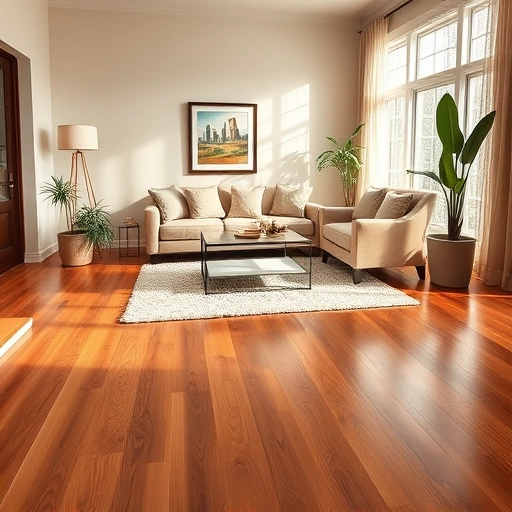 Residential flooring installation in Ann Arbor showcases elegant hardwood floor, cozy area rug, and stylish furniture.