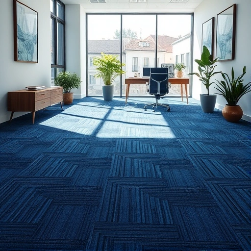 Contemporary office in Milan with deep blue geometric carpet, minimalist furniture, and natural light ambiance.