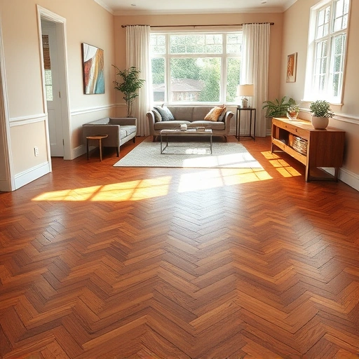 Spacious living room in Ann Arbor with elegant herringbone hardwood floors and stylish decor elements.