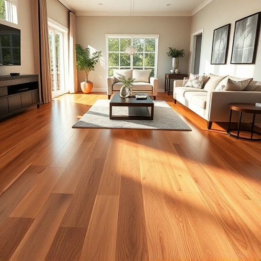 Spacious living room in Whitmore Lake MI with elegant oak hardwood floors and modern furnishings in natural light.