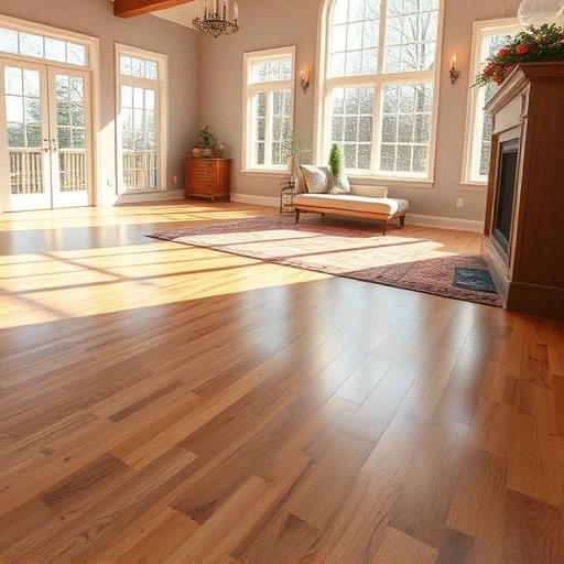 Spacious room with hardwood flooring, warm wood tones, sunlight filtering through windows, area rugs adding texture.