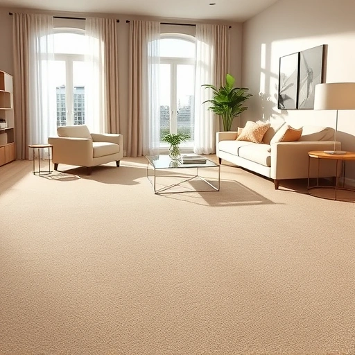 Completed carpet re-stretching in Ann Arbor MI showcasing a smooth beige surface in a stylish living room setting.