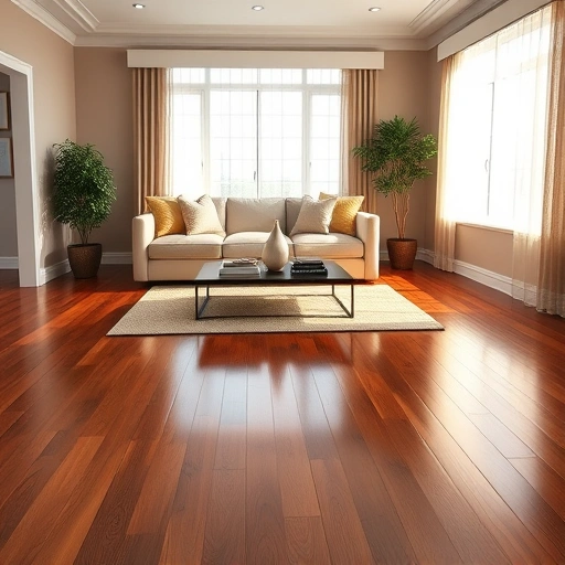 Spacious living room in Waterford Township MI with polished hardwood floors, elegant molding, and natural light.