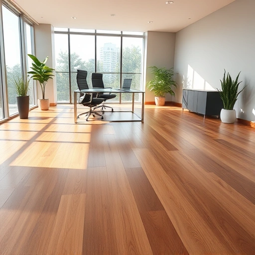 Contemporary office space in Auburn Hills MI featuring polished hardwood flooring and modern minimalist furniture.