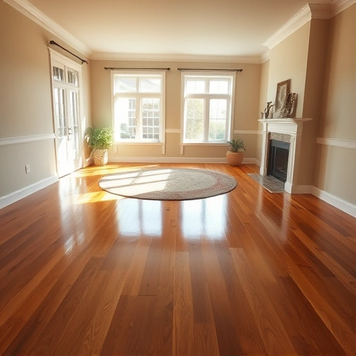 Spacious room with polished hardwood floors, natural light, cozy rug, neutral walls, plants, and elegant decor.