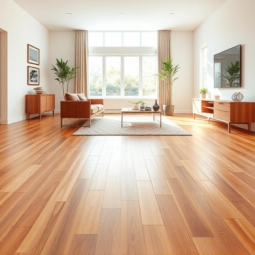 Perfectly finished hardwood flooring in a modern living room in Canton, MI, showcasing rich tones and elegant decor.