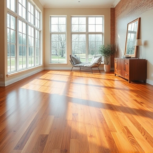 Spacious room with polished hardwood flooring in warm amber and brown tones, brightened by natural light from large windows.