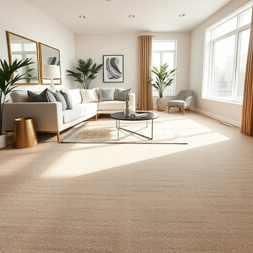 Carpet flooring installation in a spacious Plymouth MI living room with plush neutral tones and elegant decor.