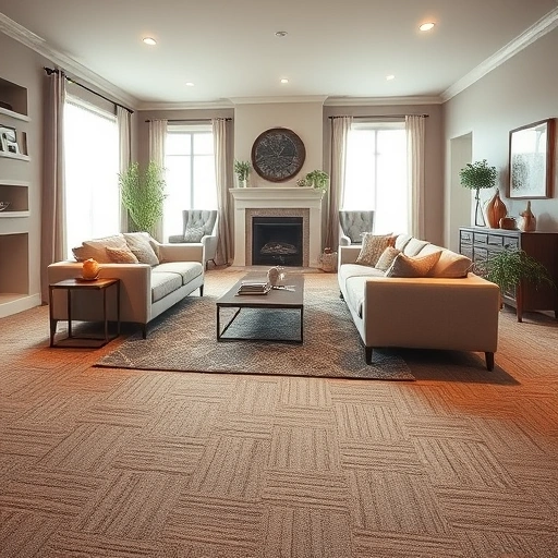 Elegant living room in Waterford Township with warm carpet, modern furniture, and soft lighting creating a cozy ambiance.
