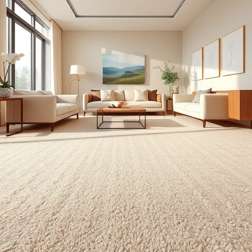 Carpet padding installation in Ann Arbor MI features a plush beige carpet in a stylish living room with natural light.