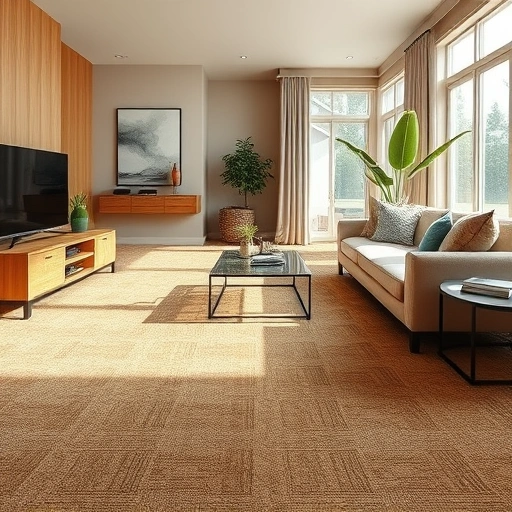 Luxurious living room in Commerce Township MI featuring rich textured carpet, wooden furnishings, and natural light.