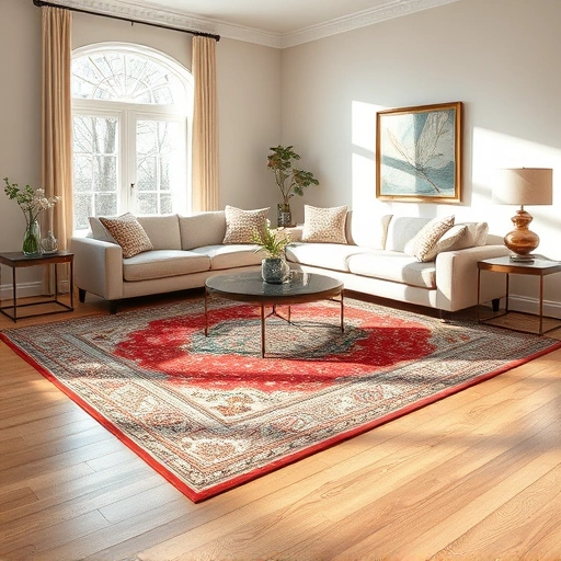 Completed area rug installation in a stylish Ann Arbor living room featuring elegant furniture and vibrant patterns.