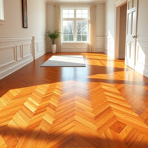 Completed hardwood flooring installation in South Lyon, MI, featuring herringbone pattern and elegant trim in a modern room.