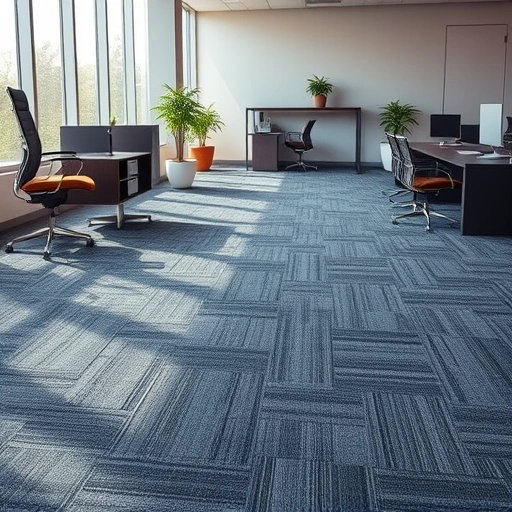 Completed carpet flooring installation in a modern office space with deep blue and gray textures in Troy MI.