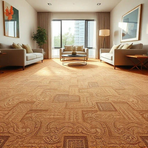 Completed carpet flooring installation in Superior Township MI featuring rich deep pile carpet with intricate patterns.