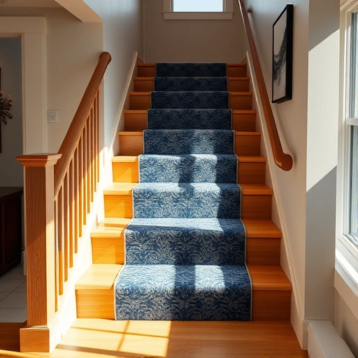 Custom stair runner installation in modern Ann Arbor home features intricate blue and gray patterns with natural wood.