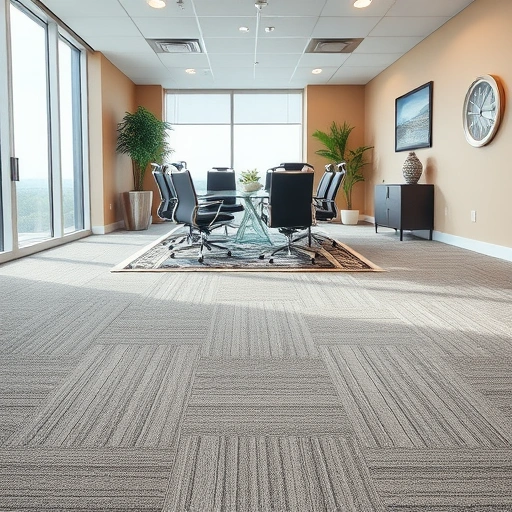Completed carpet flooring installation in a modern Auburn Hills office with plush neutral tones and soft lighting.