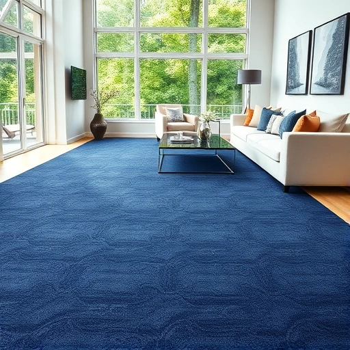 Completed carpet installation in a stylish living room with navy blue patterns and modern decor in natural light.