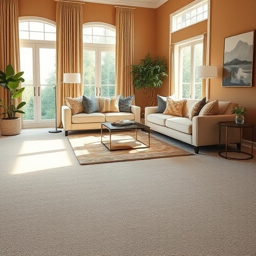 Completed carpet flooring installation in a stylish Canton MI living room with plush neutral carpet and elegant décor.