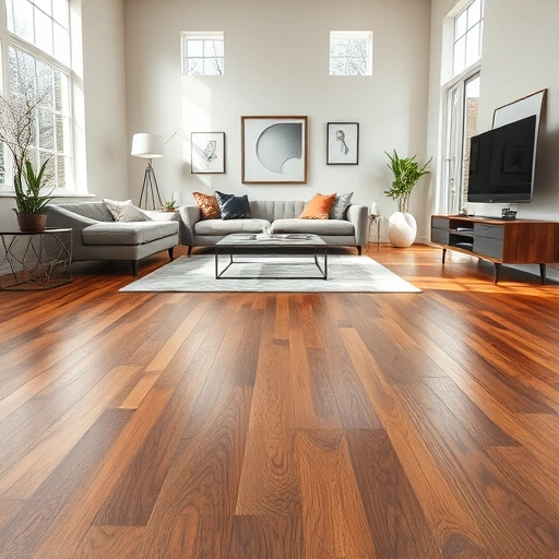 Completed sheet vinyl installation in Ann Arbor MI showcasing a stylish living room with natural wood appearance.