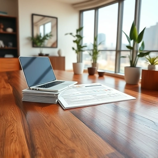 Completed flooring estimate in an elegant Ann Arbor office with polished hardwood, laptop, samples, and skyline view.