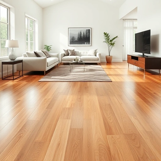 Spacious living room in Chelsea MI with polished oak flooring, modern furniture, and natural light from large windows