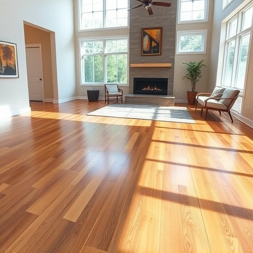 Spacious living room in Troy, MI with polished hardwood floors, modern fireplace, and stylish decor elements.