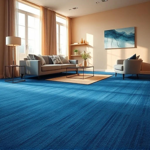 Spacious living room in Northville MI featuring deep blue carpet, modern furniture, and ambient lighting.