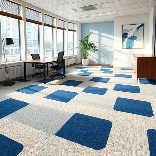 Carpet tile installation in a bright Ann Arbor office with geometric patterns and modern furnishings, creating a sophisticated look.