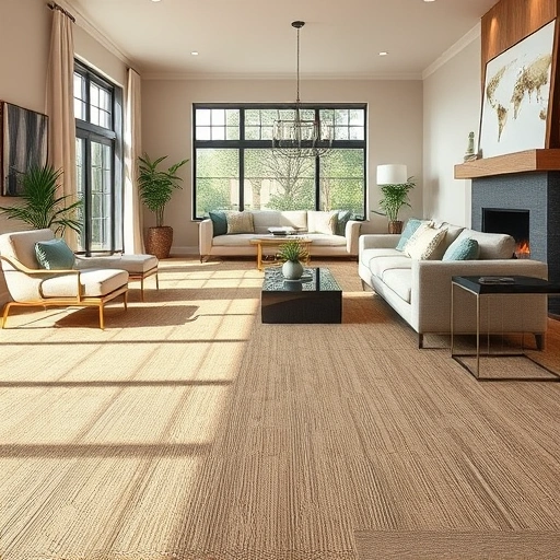 Completed carpet flooring installation in a spacious living room with modern decor and warm neutral tones.
